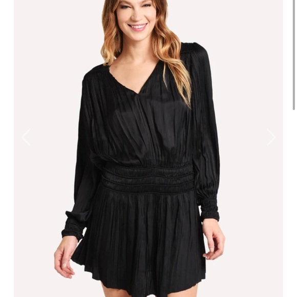 FRAME Women’s Pleated Pleat V Neck Long Sleeve Dress Smocked Black Size XS New - Picture 2 of 16